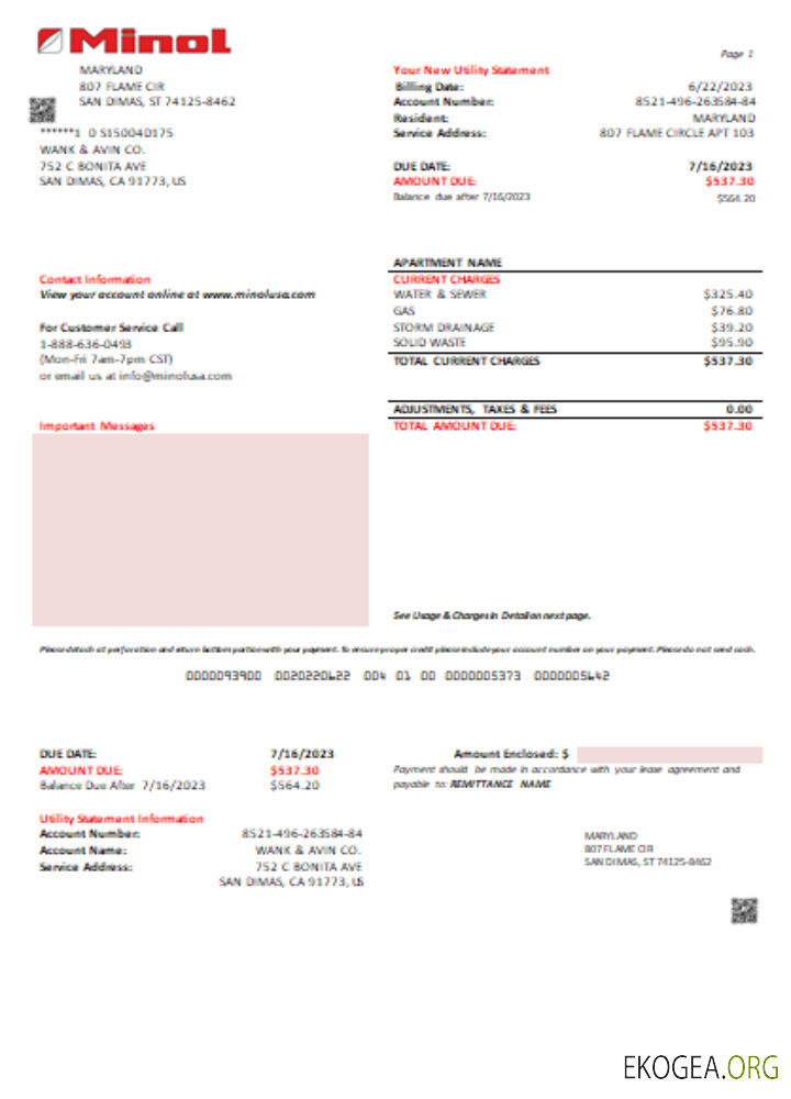 Facture commerciale de services publics de Minol USA, SCR